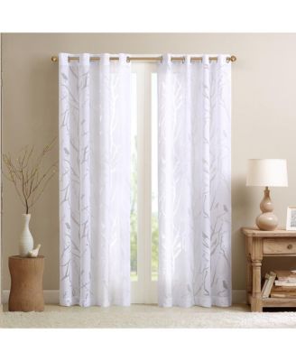 Averil Grommet Top Sheer Window Curtain, grey sheer curtains 95 inches long Single Curtain, Width 50 Bird on Branches Burnout curtains sheer