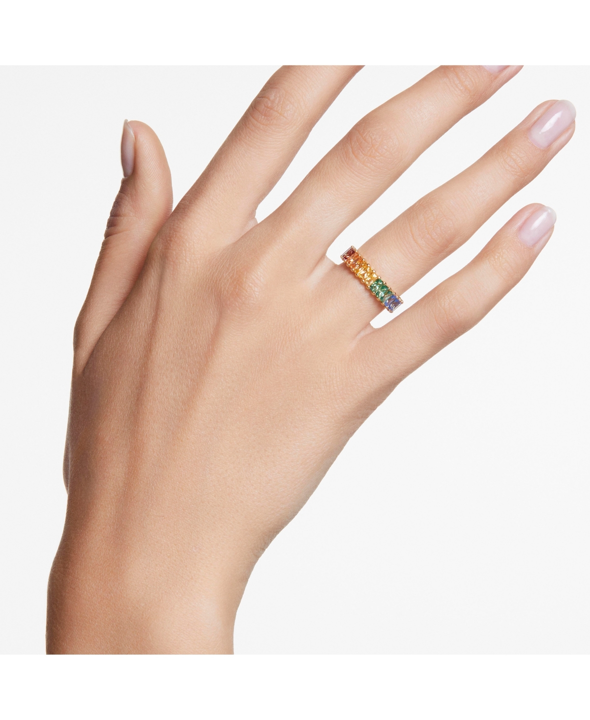 SWAROVSKI MULTICOLORED BAGUETTE CUT GOLD-TONE PLATED MATRIX RING 