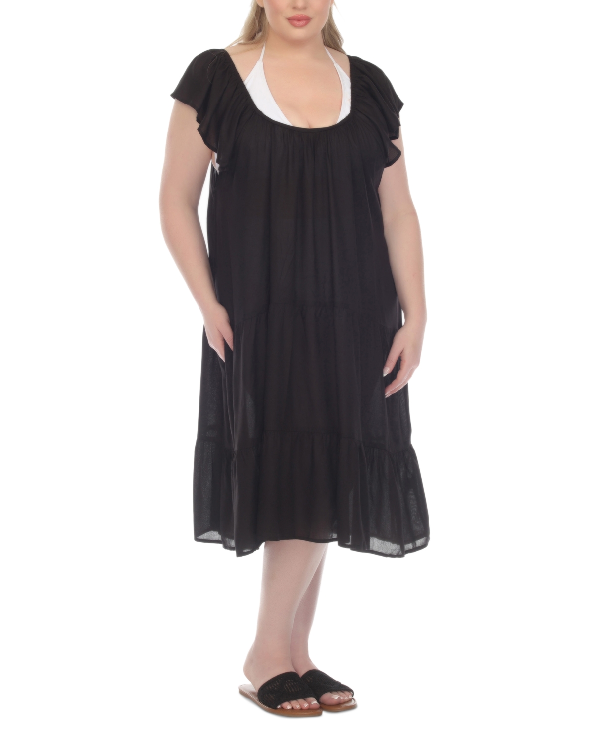 Plus Size Flutter-Sleeve Tiered Cover Up Midi Dress - Black