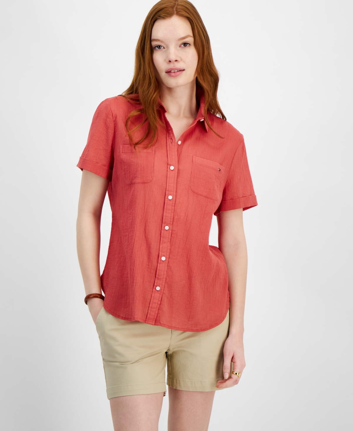 Tommy Hilfiger Women's Cotton Solid Short-sleeve Shirt In Min Red
