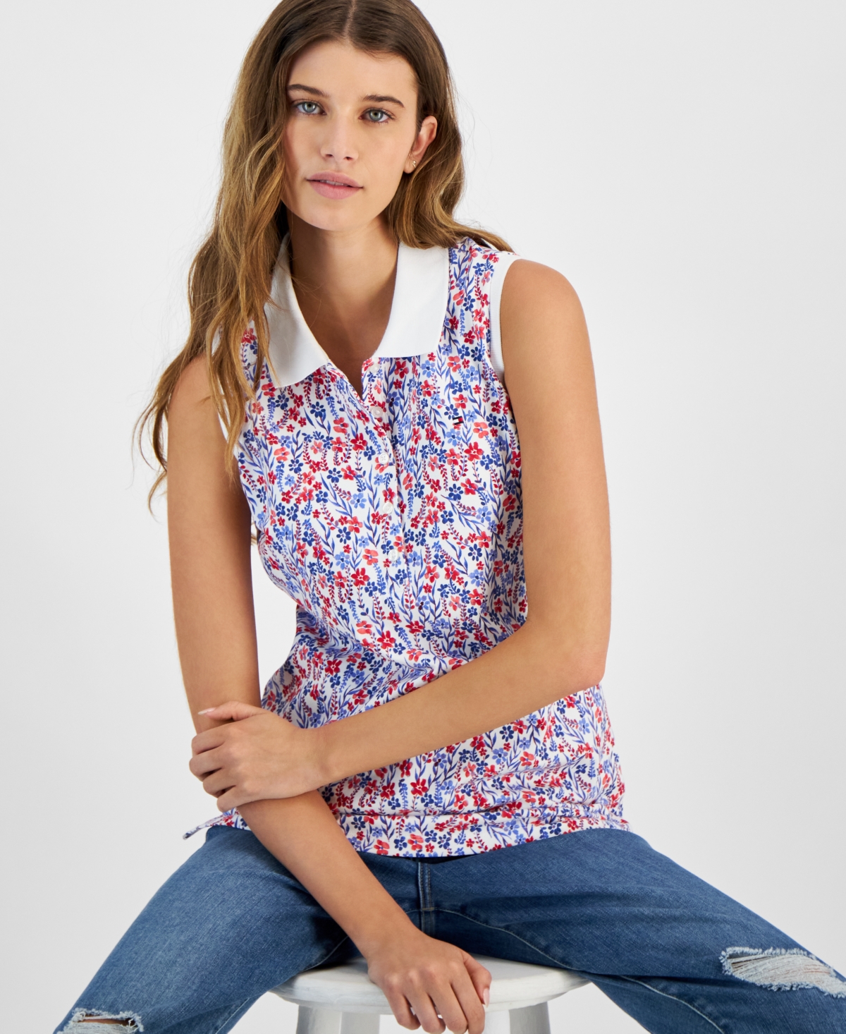 Tommy Hilfiger Women's Floral Print Sleeveless Polo Shirt -sca