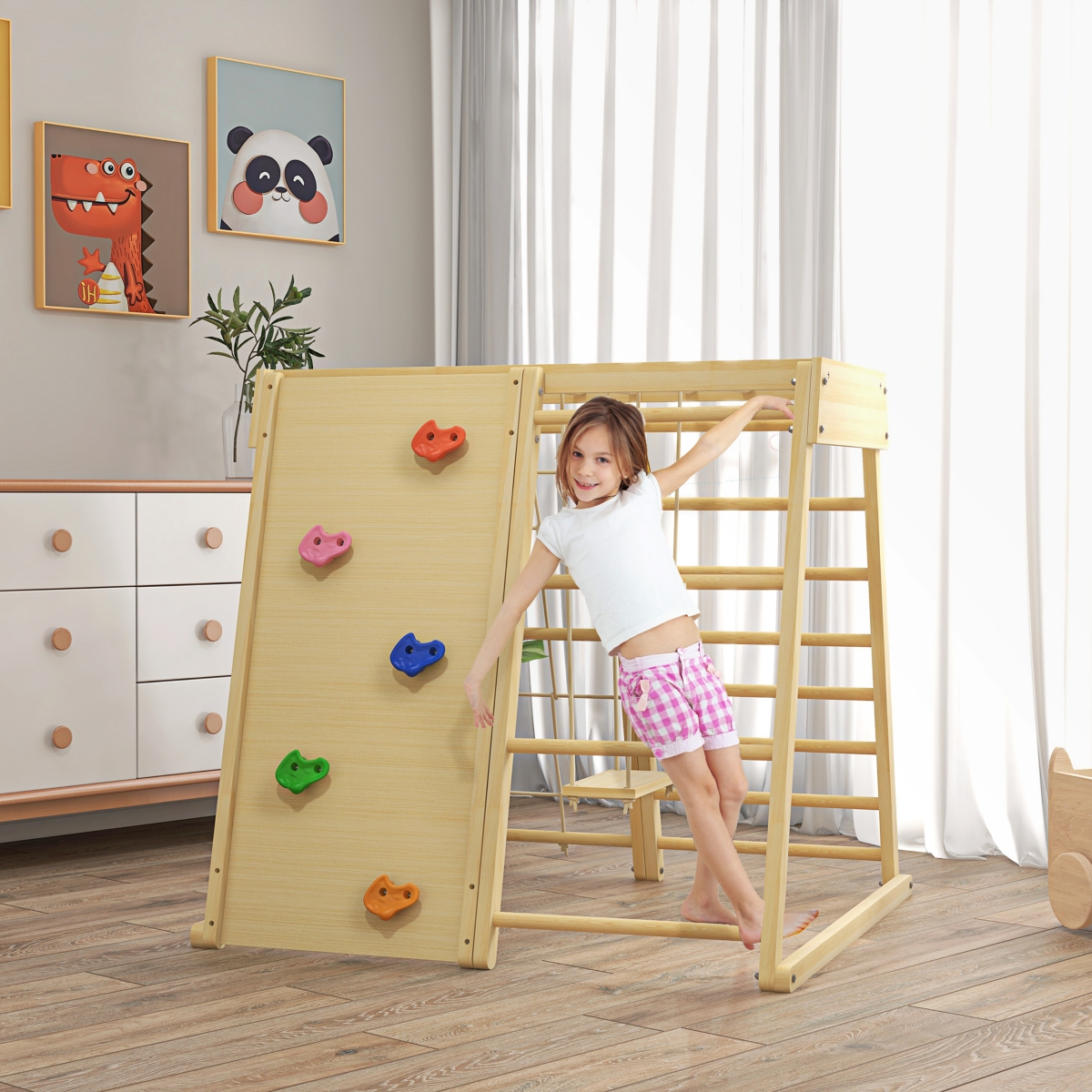 Qaba 5-in-1 Indoor Jungle Gym Playground with Swing, Climber, Monkey Bars