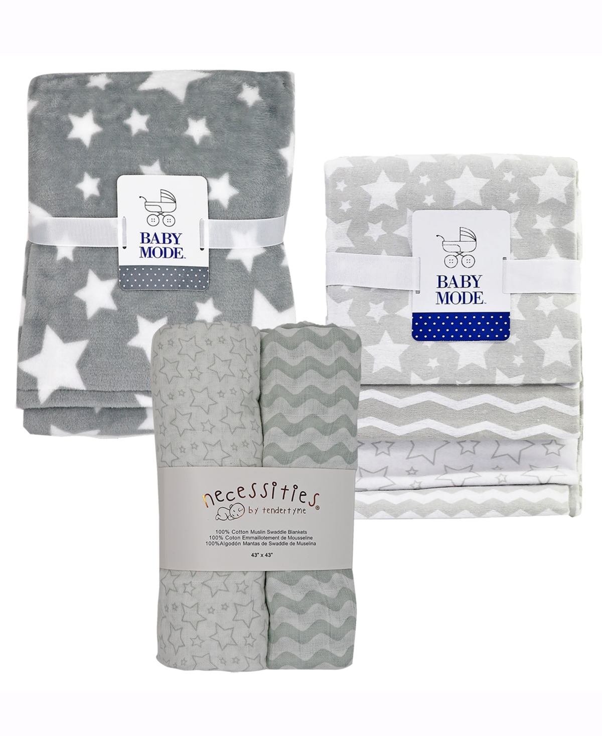 Tendertyme Baby Boys Or Baby Girls Stars Nursery Blanket Collection, 7 Piece Set In Gray And White