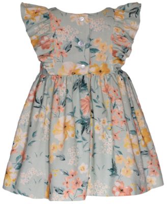 Baby Girls Floral Dress with Pinafore Ruffles and Ribbon Trim