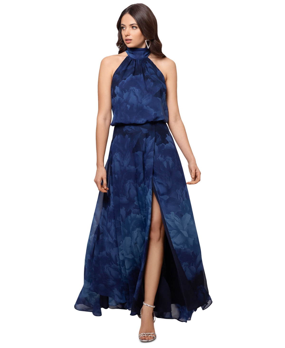 Shop Betsy & Adam Petite Floral-chiffon Halter-neck Gown In Navy