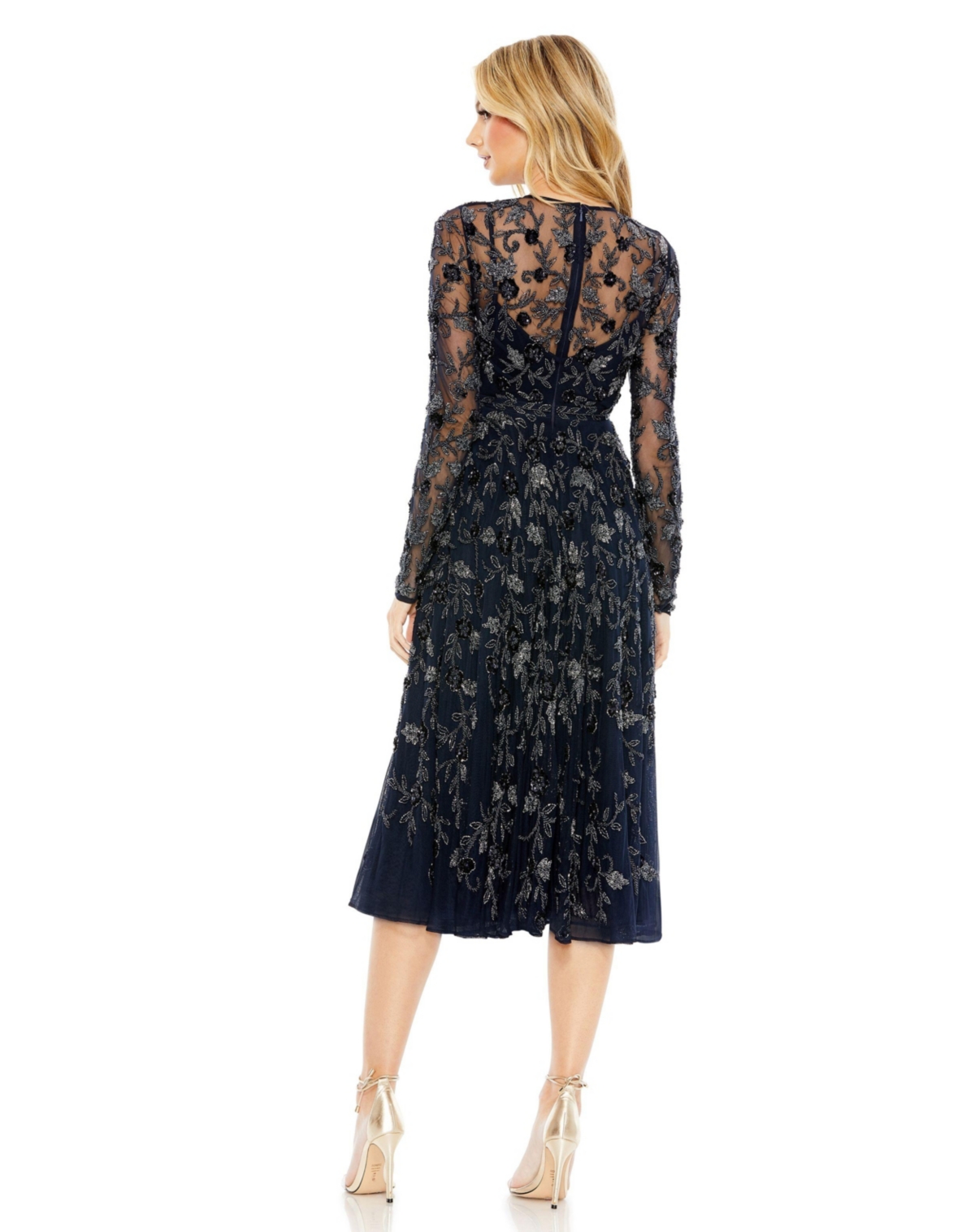Mac Duggal Women's Beaded Illusion High Neck Long Sleeve A Line Midi