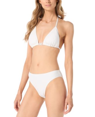 Shop Michael Kors Michael  Womens Logo Hardware Triangle Halter Bikini Top Textured Full Coverage Bikini B In White