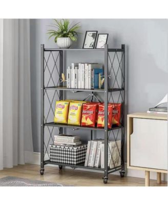 4-Tier Foldable Metal Storage Shelf Unit with Heavy Duty Frame and Kitchen Hooks