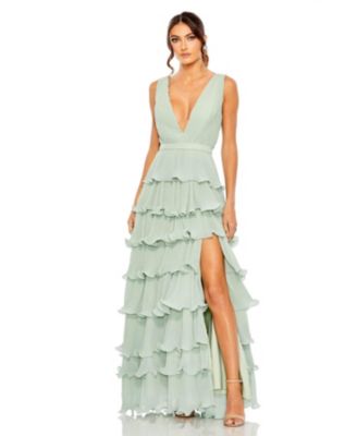 Women's Sleeveless Ruffle Tiered V Neck Gown