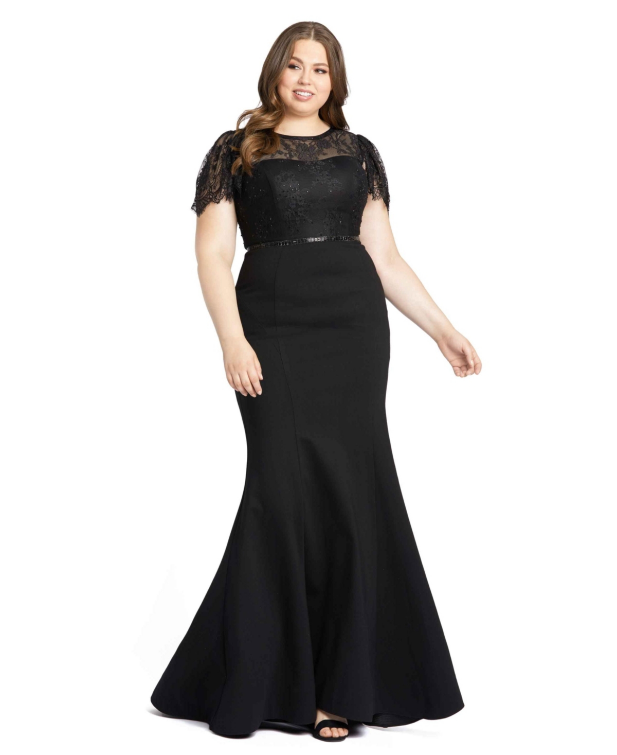 Plus Size Lace Illusion High Neck Cap Sleeve Gown - Black