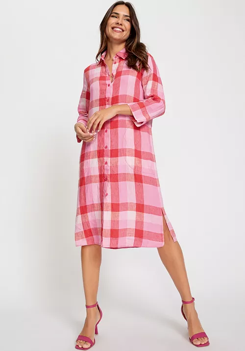 women's 100% linen plaid shirt dress