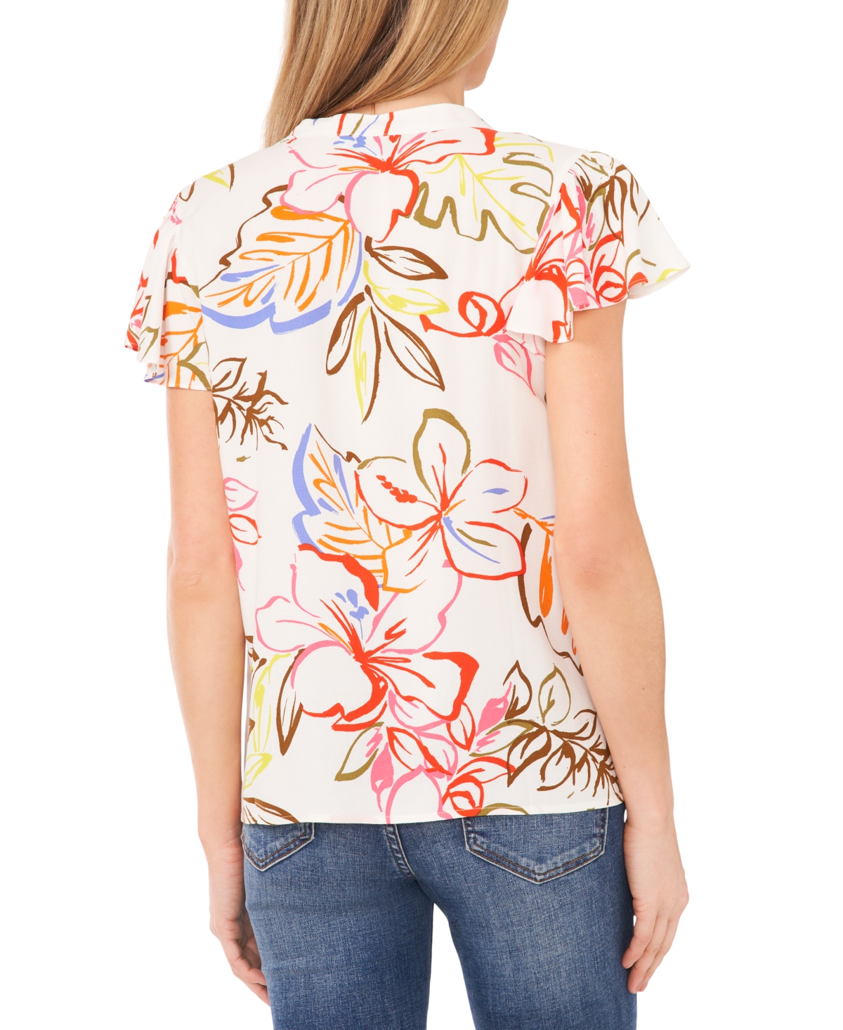 Cece Floral Print Flutter Sleeve Top In New Ivory