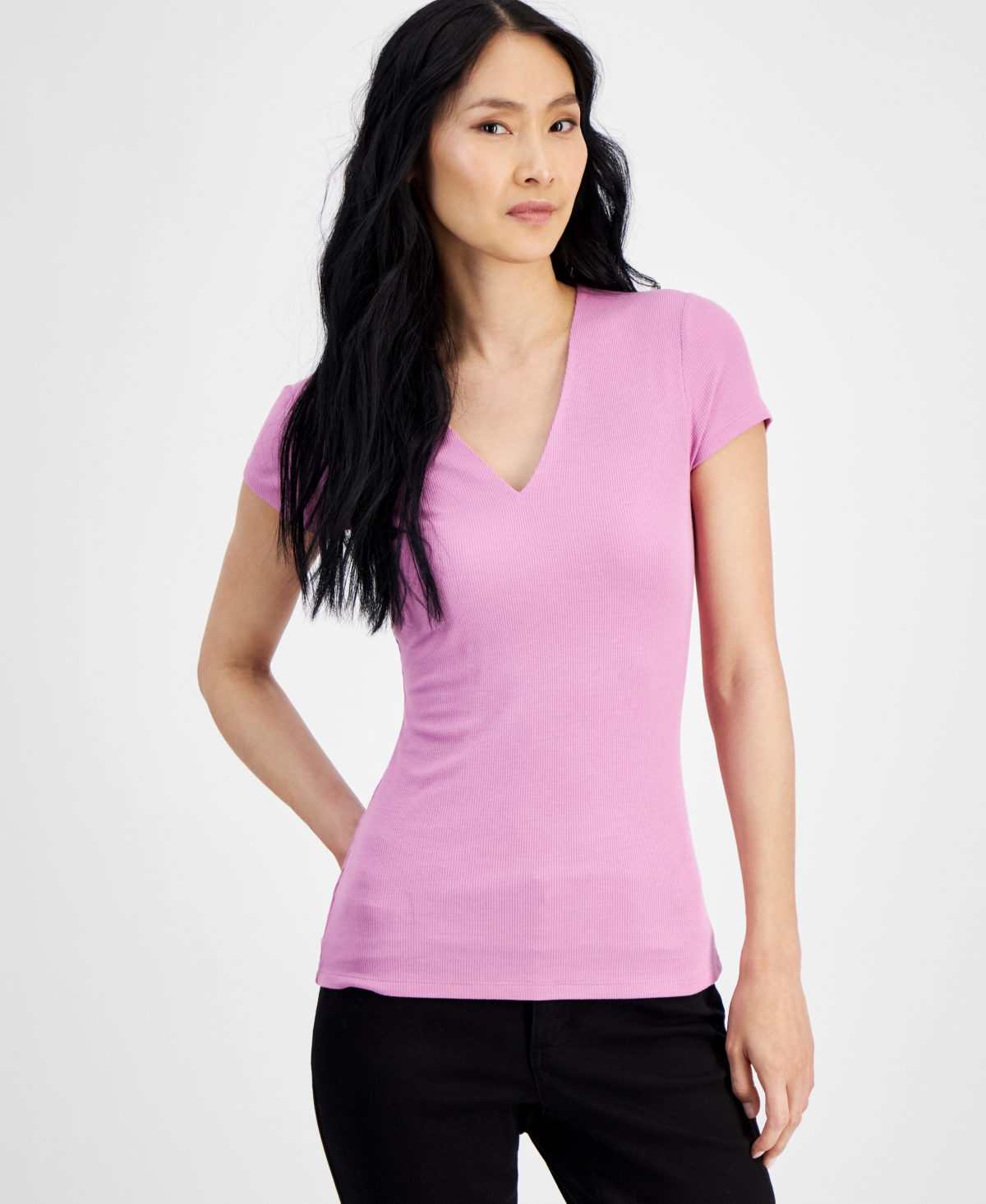 Shop Inc International Concepts Women's Ribbed V-neck Top, Created For Macy's In Pink Azalea