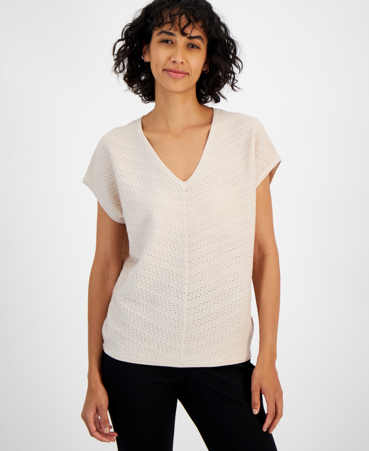 Shop T Tahari Women's V-neck Pointelle Cap-sleeve Sweater In Toasted Beige