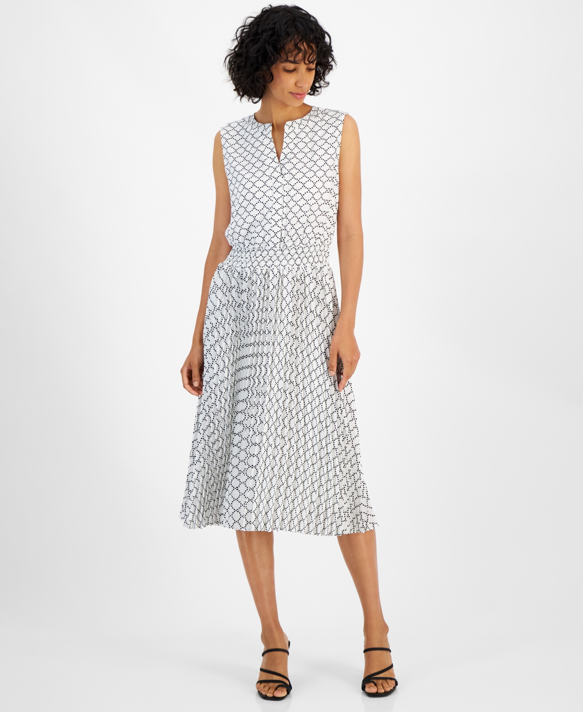 Women's Printed Split-Neck Fit & Flare Midi Dress - Dotted White