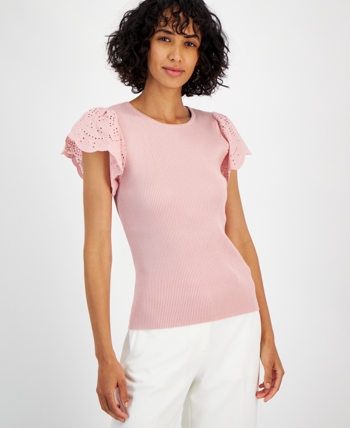 Shop T Tahari Women's Ribbed-knit Flutter Eyelet-sleeve Sweater In Paradise Pink