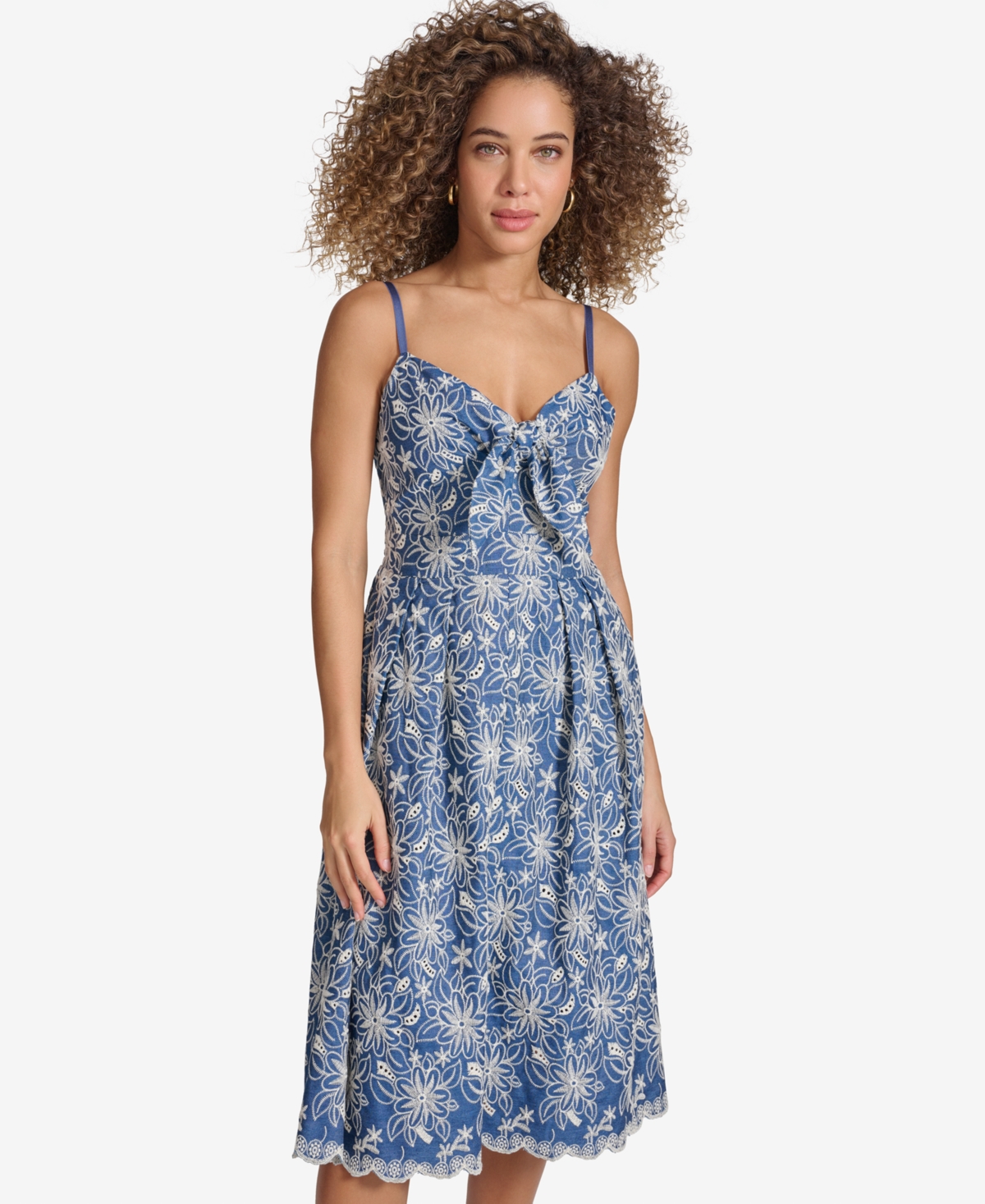 Shop Kensie Women's Embroidered Denim Knot-front Midi Dress In Chambray,ivory
