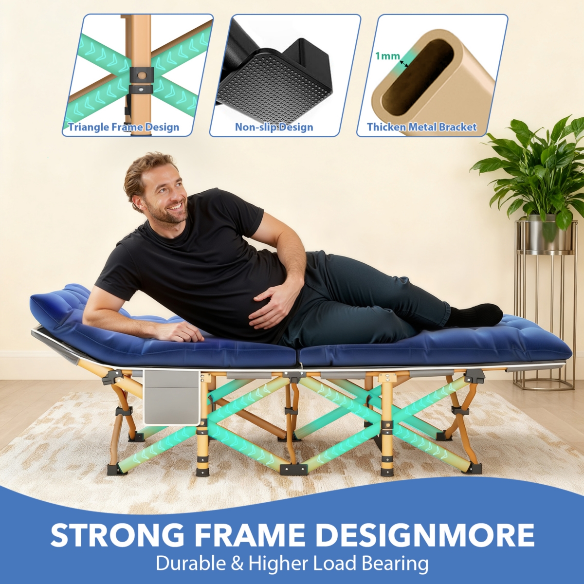 Folding Camping Cot with Removable Cotton Mattress for Office, Home and Beach, 450 lbs