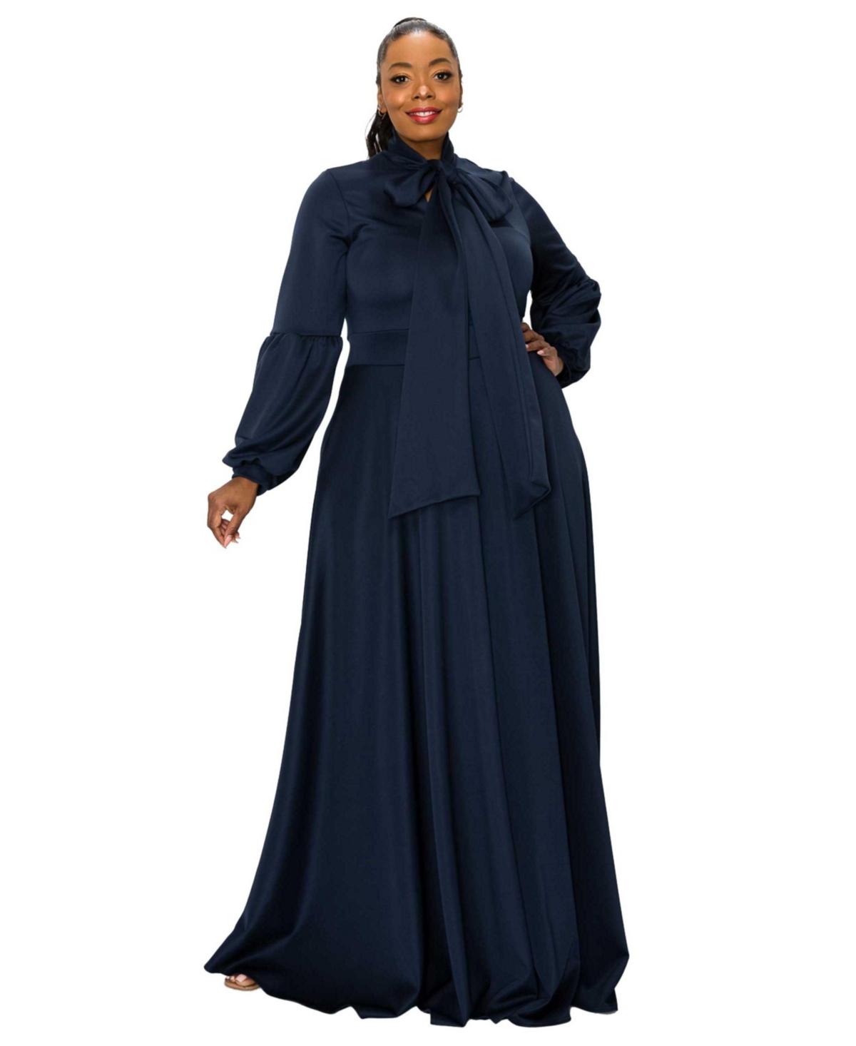 Plus Size Bella Donna Dress with Ribbon and Bishop Sleeves - Tangerine
