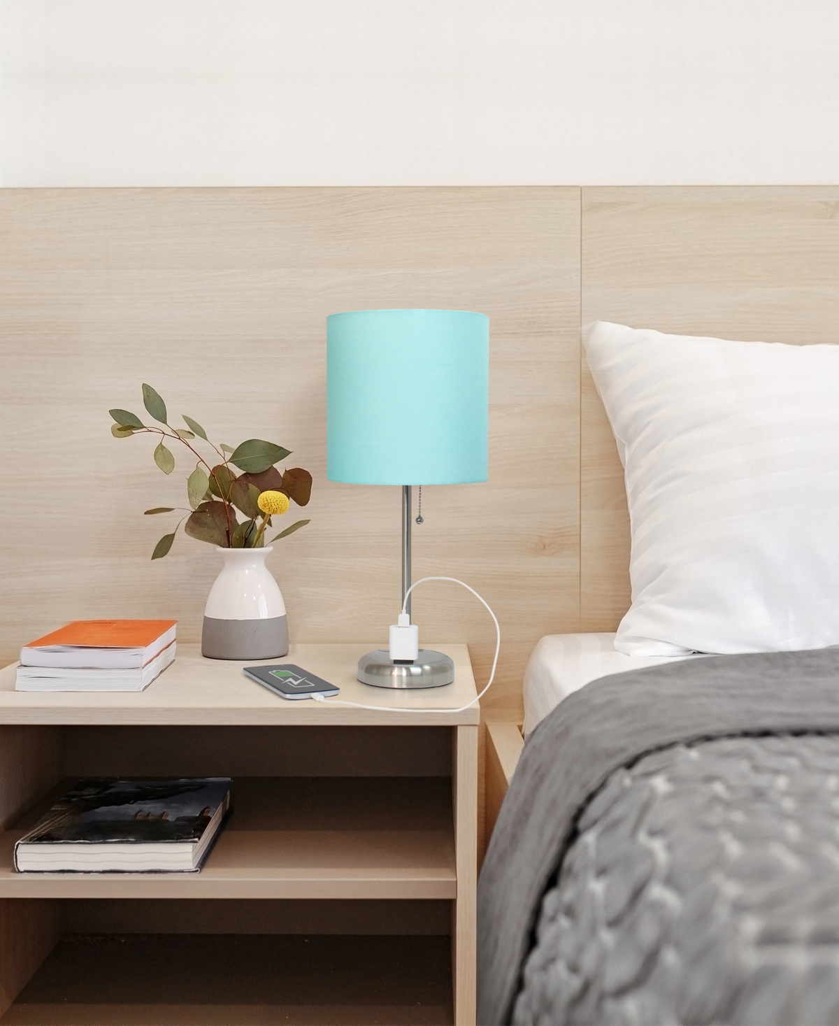 Creekwood Home Oslo 19.5" Contemporary Bedside Standard Metal Table Desk Lamp With White Drum Fabric Shade In Br.steel,aqua Shade