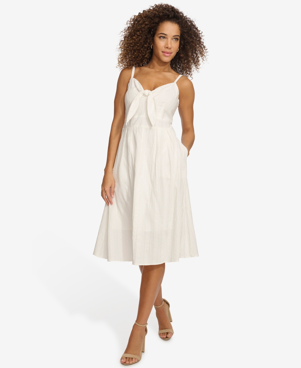 Women's Textured Cotton Knot-Front Sleeveless Dress - White