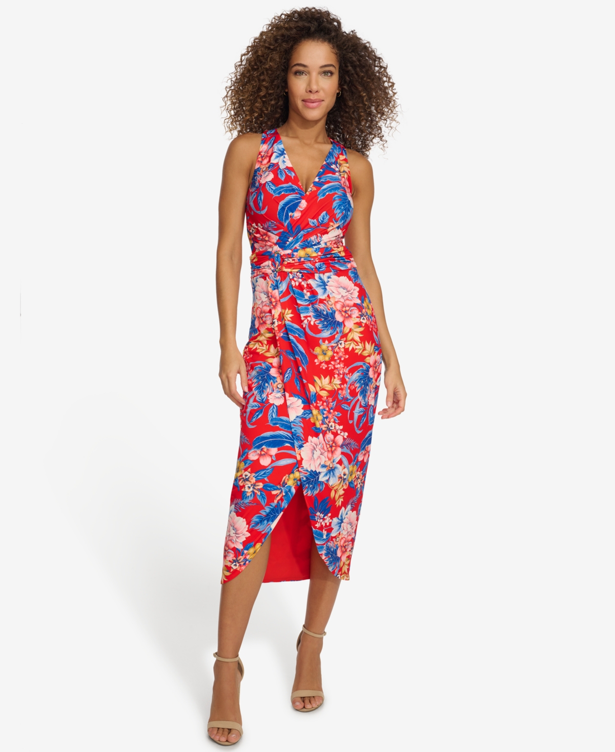 Women's Floral Side-Ruched Sleeveless Midi Dress - Red Multi