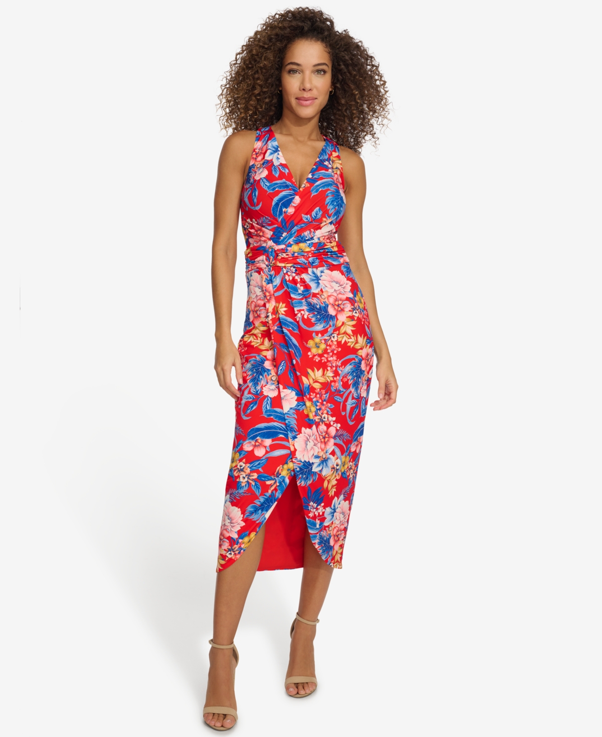 Shop Siena Women's Floral Side-ruched Sleeveless Midi Dress In Red Multi