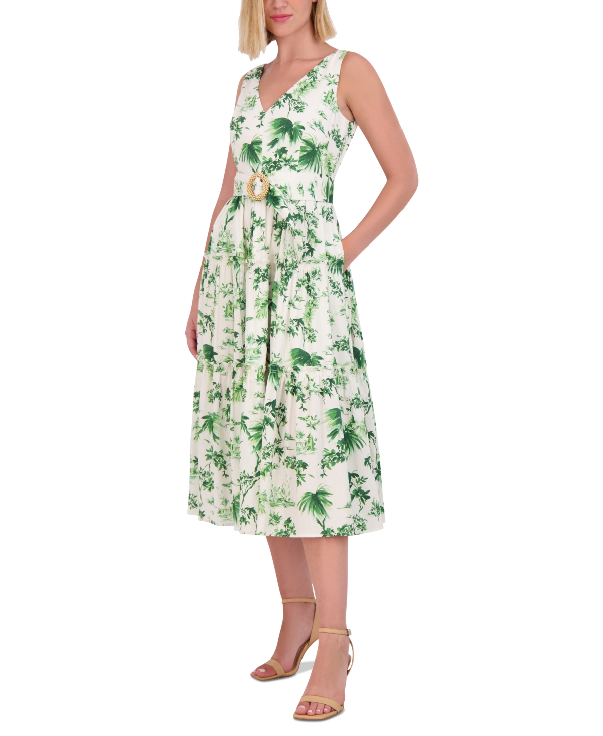 Shop Vince Camuto Women's Belted Printed V-neck Midi Dress In Green