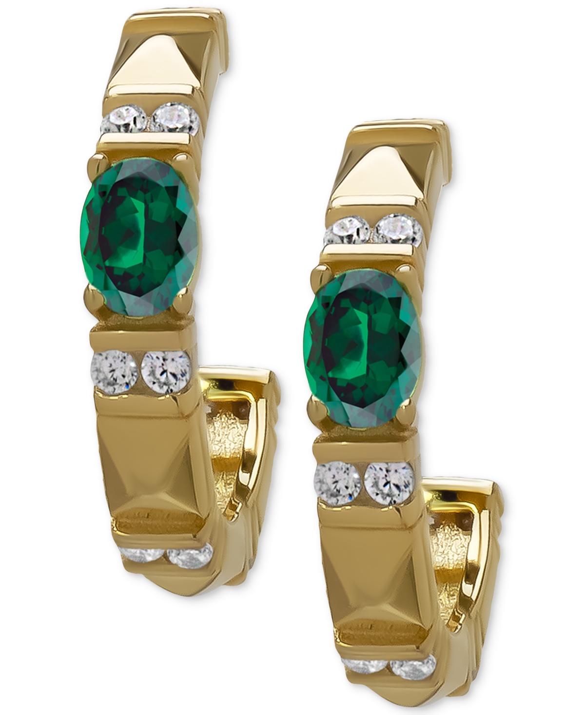 Green Quartz (1/8 ct. t.w.) & Lab Grown White Sapphire (1/4 ct. t.w.) Pyramid Half Hoop Earrings in 14k Gold-Plated Sterling Silver - Green Quartz