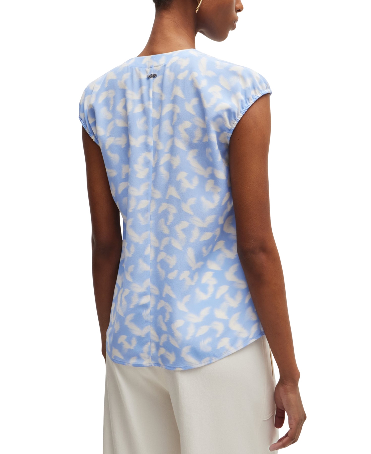 Shop Hugo Boss Boss By  Women's Printed Silk Collarless Cap-sleeve Blouse In Open Blue