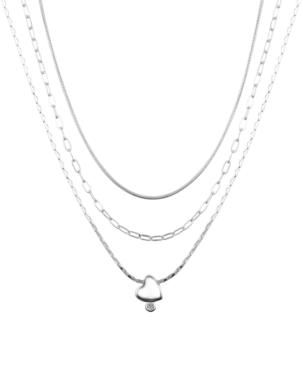 Cubic Zirconia Heart Paperclip Chain Layered 3-Piece Necklace Set - White