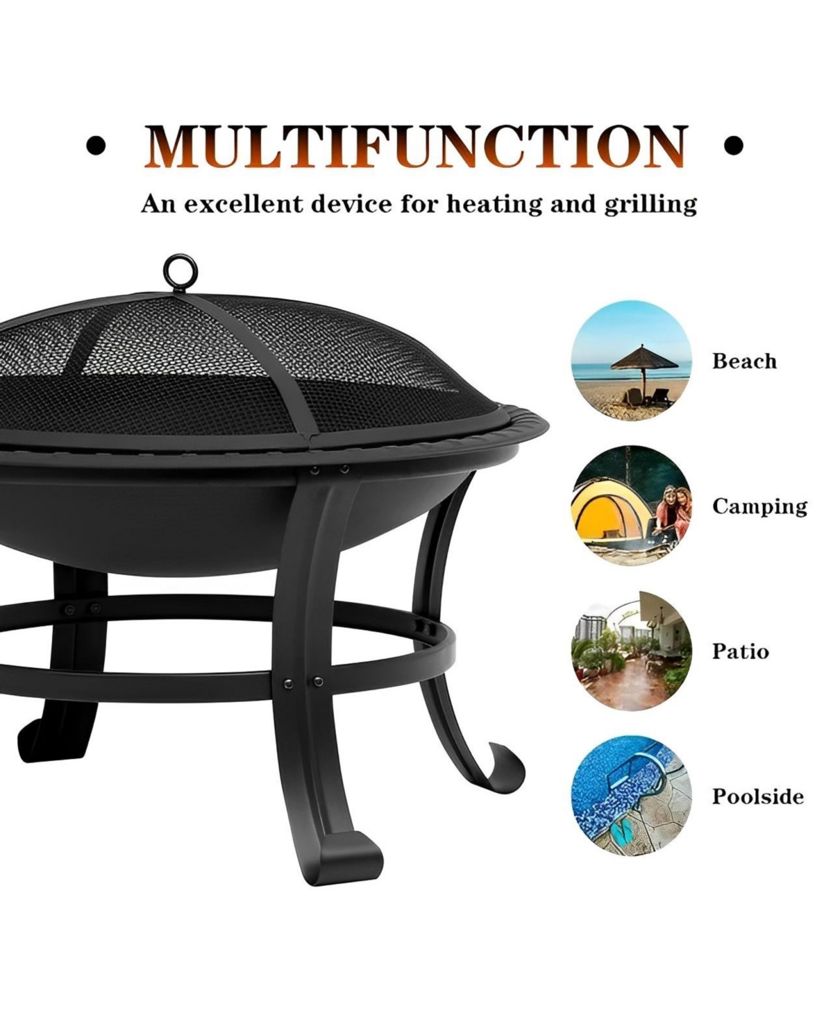 Outdoor All-Season Portable Steel Fire Pits Fire Places with Spark Screen, Barbecue Net, Poke