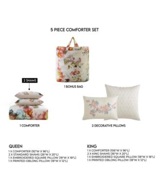 Antique Flowers 200-Thread Count Cotton Sateen 5-Pc. Reversible Comforter Set, Queen