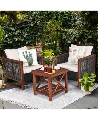 3 Pieces Patio Wicker Furniture Set with Washable Cushion and Acacia Wood Coffee Table