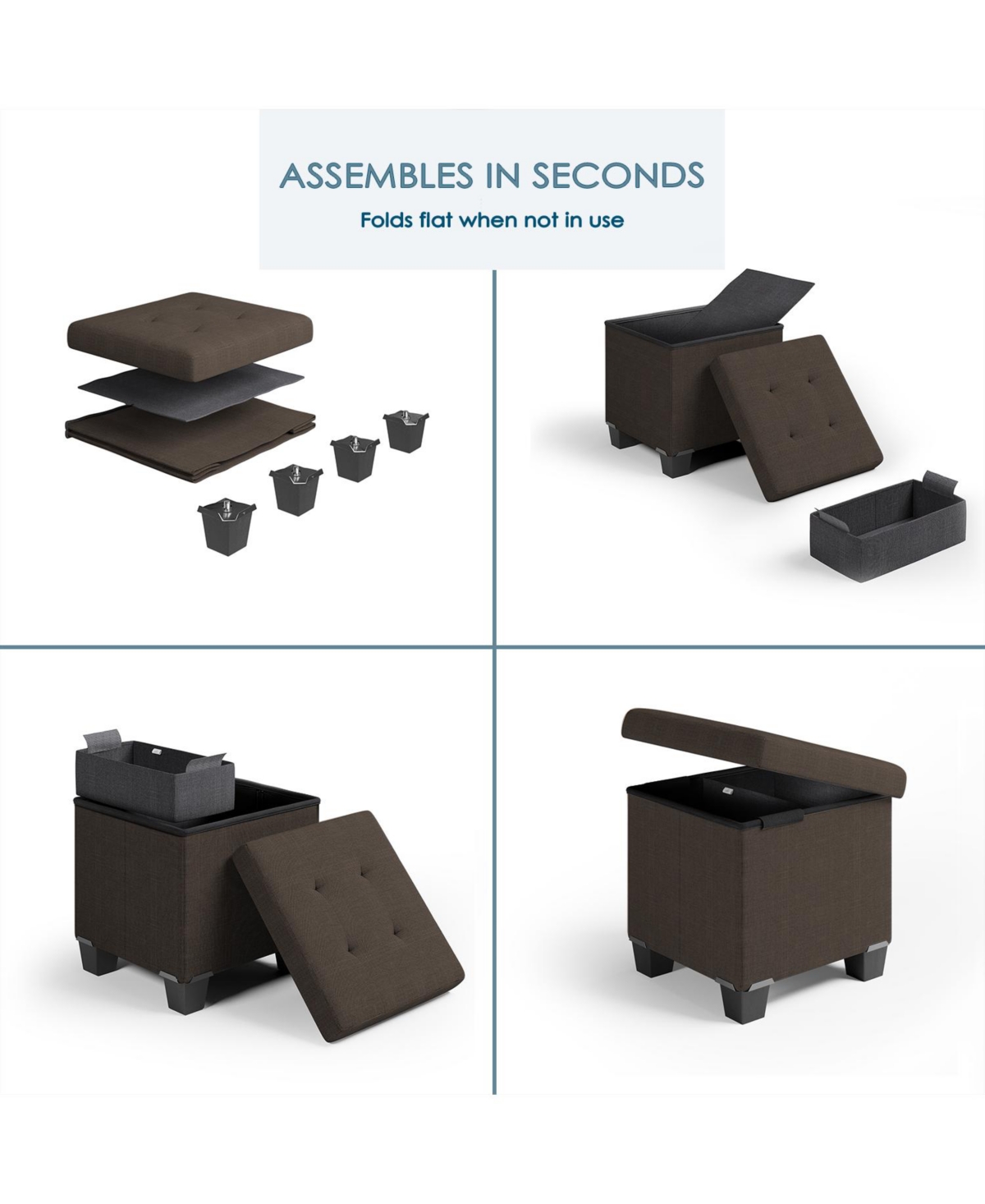Nestl 15 Inch Ottoman Storage Bench with Storage Bins - Leatherette or Linen Finish