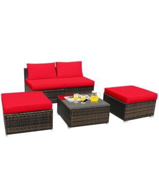 4 Pieces Patio Rattan Furniture Set with Tempered Glass Coffee Table