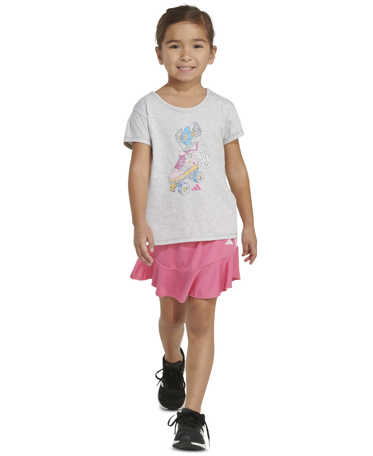 Shop Adidas Originals Toddler & Little Girls 2-pc. Heather Graphic T-shirt And Skort Set In Light Grey And Pink