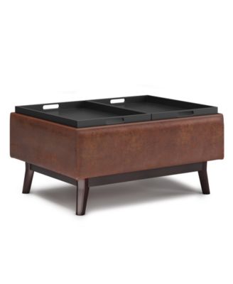 Owen Tray Top Small Coffee Table Storage Ottoman in Distressed Saddle Brown Pu Leather