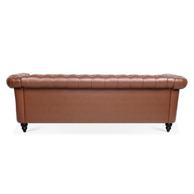 84.65" Brown PU Rolled Arm Chesterfield Three Seater Sofa
