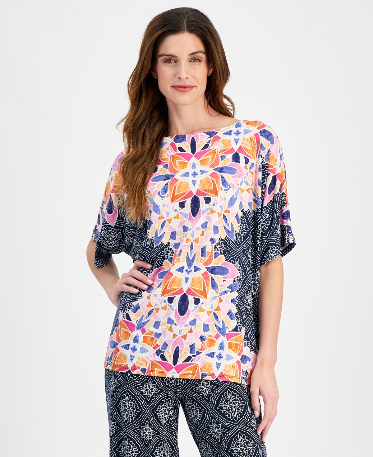 Women's Short-Sleeve Printed Dolman-Sleeve Top, Created for Macy's - Intrepid Blue Combo
