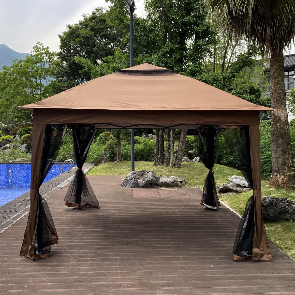 Streamdale Furniture Pop Up Gazebo Canopy With Netting, 2-Tier Soft Top Tent, 11x11FT,- Brown