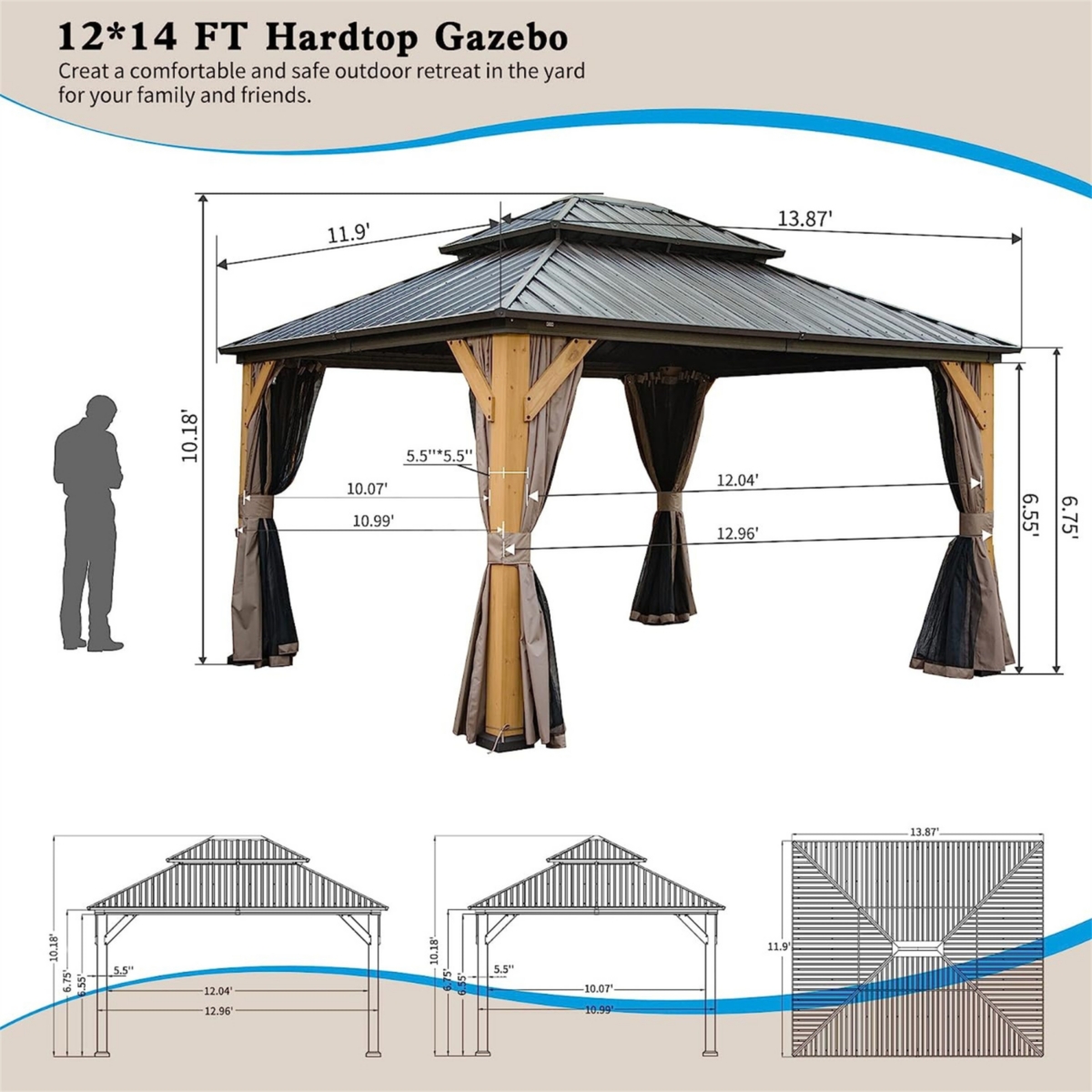 Cedar Wood Framed Hardtop Gazebo with Curtains and Netting