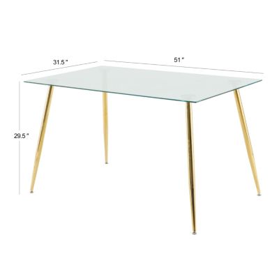 Modern 51" Glass Dining Table, Gold Metal Legs