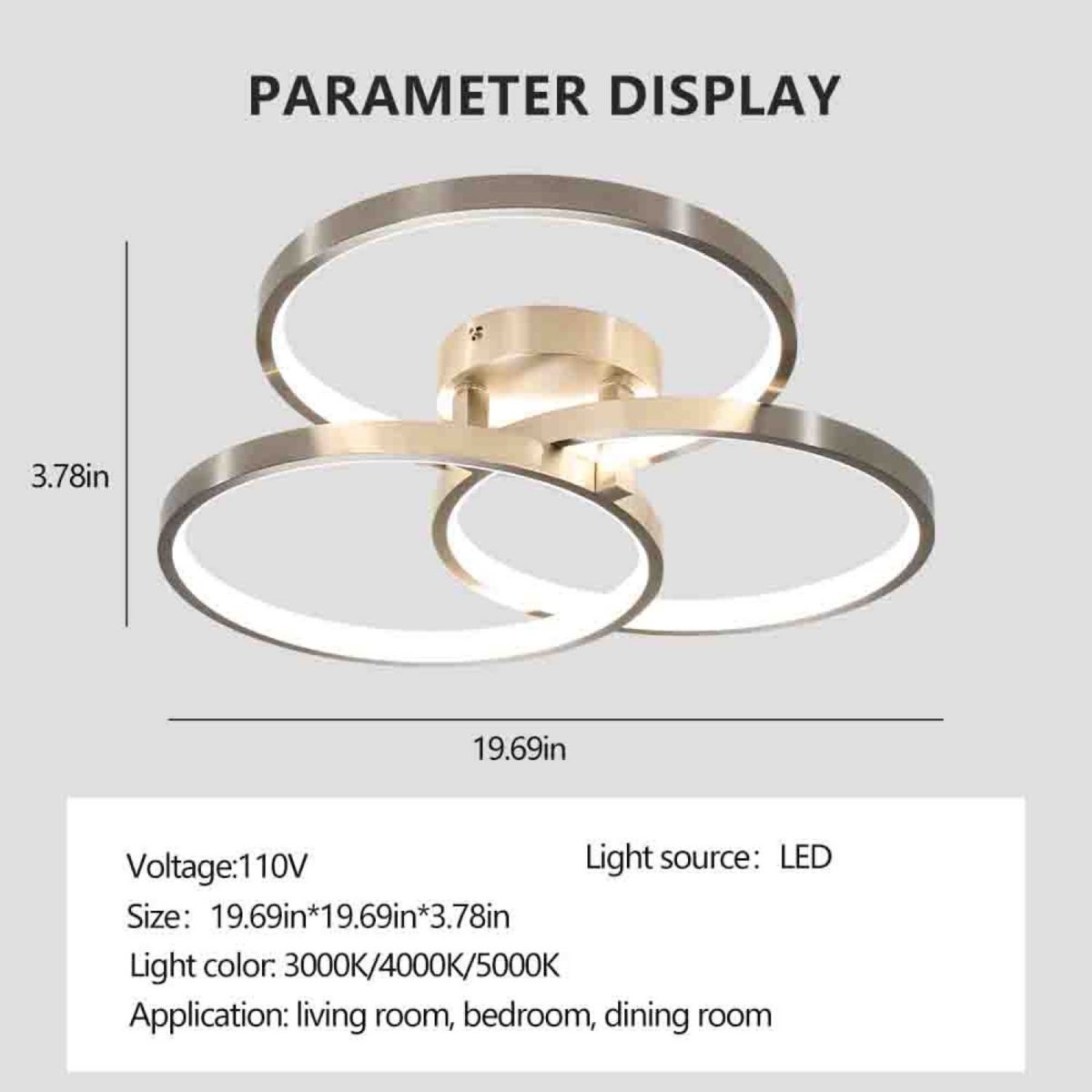 Streamdale Furniture Three Ring Design, Contemporary Semi-Flush Mount With Inner Ring Illumination Ceiling Lamp