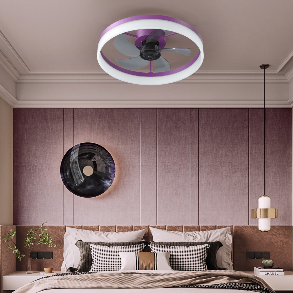 Streamdale Purple Flush Mount Ceiling Fans with Dimmable LEDs