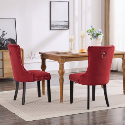 Set of 2 Velvet Upholstered Tufted Dining Chairs with Solid Wood Legs and Nailhead Trim