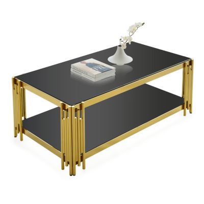 Golden Stainless Steel Double Layer Coffee Table With Glass Top