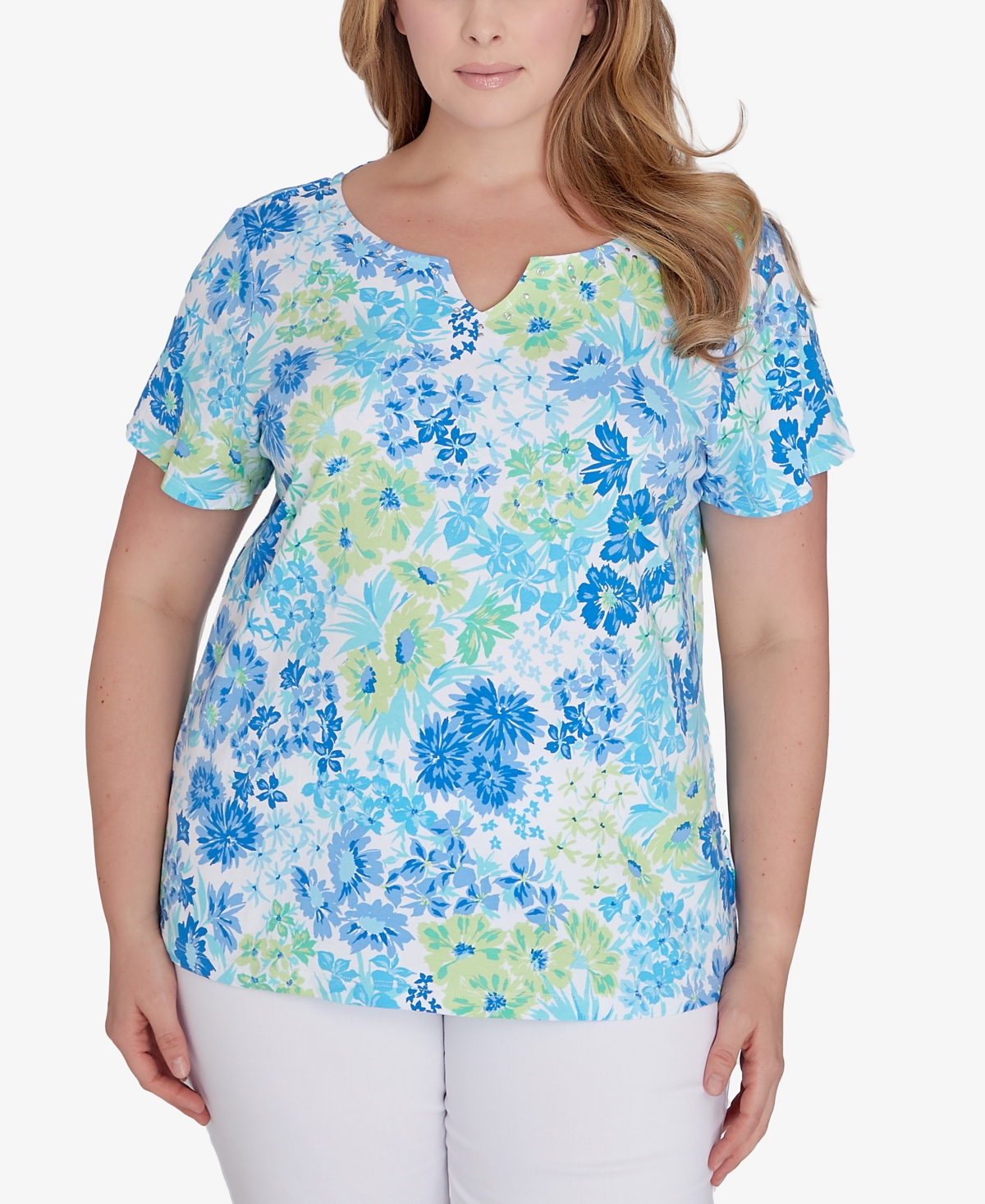 Plus Size Feeling The Lime Short Sleeve Top - Bright Blue Multi