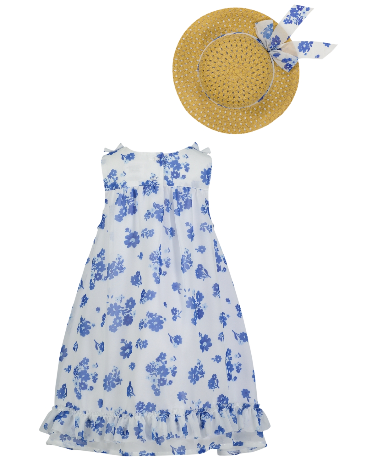 Blueberi Boulevard Baby Girls Ruffle-Trim WhiteSwing Dress Sun Hat - Blue
