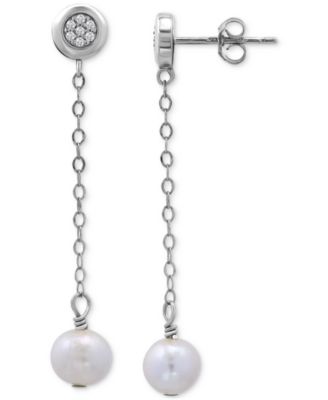 Cultured Freshwater Pearl (7mm) & Cubic Zirconia Chain Drop Earrings in 18k Gold-Plated Sterling Silver